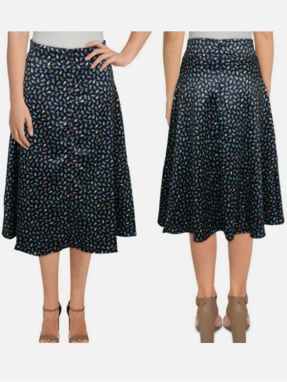 Hutch Women's Pineapple Printed Button Down Skirt 8 A-Line Navy Blue